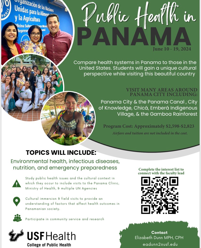 Don’t miss this amazing opportunity to learn first hand about public health in an international setting. This class is available for students of all disciplines! 

@usfhealth <a href="/usfcoph/">USF Public Health</a> <a href="/calvoae4/">Arlene Calvo</a> <a href="/CienciaPTY/">Ciencia En Panamá   #CienciaEnPanamá</a> <a href="/indicasat/">INDICASAT-AIP</a> <a href="/InstitutoGorgas/">Instituto Conmemorativo Gorgas</a> <a href="/pahowho/">PAHO/WHO</a> <a href="/COPHActivistLab/">USF College of Public Health Activist Lab</a> <a href="/TGHCares/">Tampa General Hospital</a> <a href="/TampaHoy/">tampahoy.com</a>