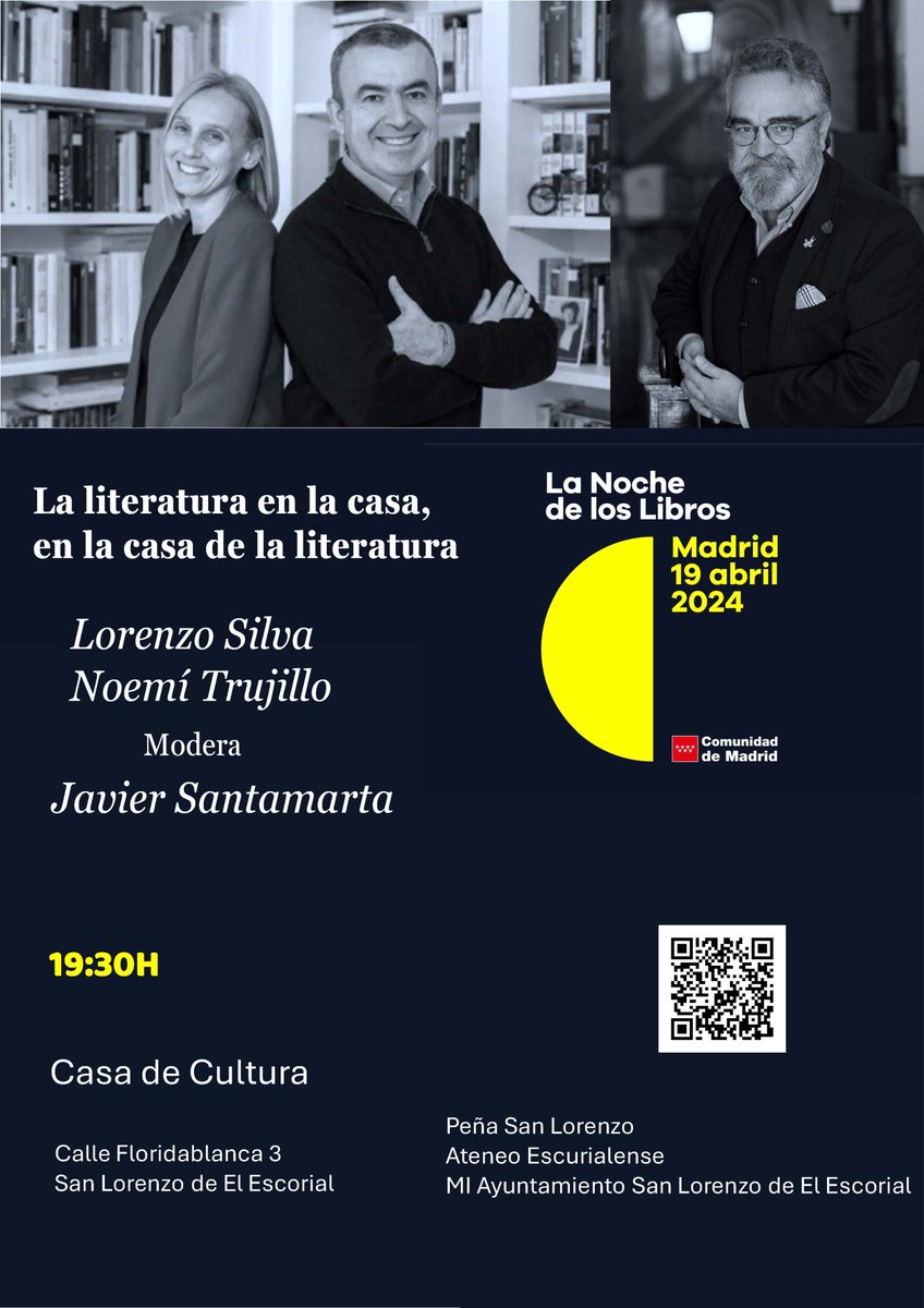 Plan para el fin de semana 🗓️
Vuelve 'La noche de los libros' a San Lorenzo de El Escorial con @VilaSilva, @NoemiTrujillo y @JaviSantamarta. 📕🌙 elescorial.info/la-noche-de-lo…