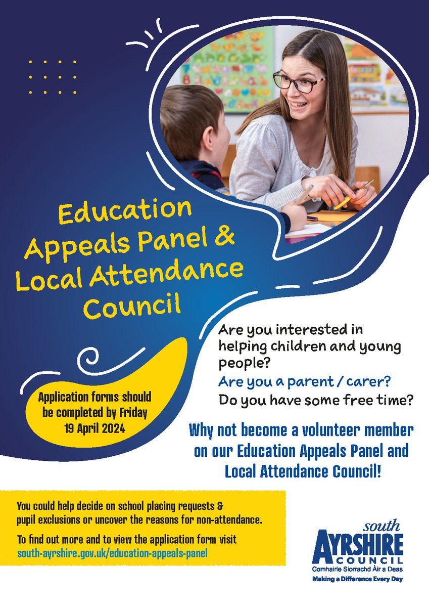 We’re looking to recruit volunteers to become members of the South Ayrshire Education Appeals Panel and Local Attendance Council! Applications close on Friday 19 April and forms are available at: south-ayrshire.gov.uk/education-appe… Find out more 👇