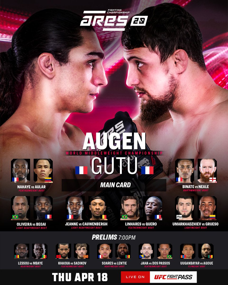 Tonight! Some Thursday night action from France! 🇫🇷 Watch #ARES20 live on @UFCFightPass!