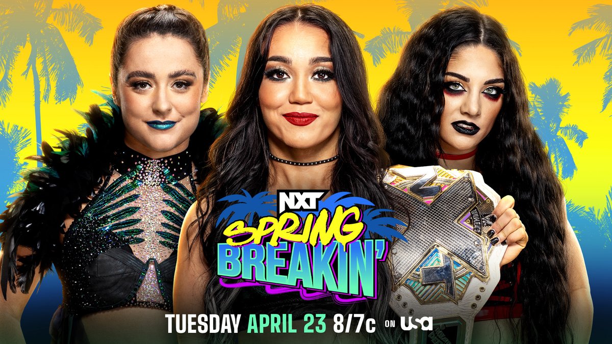 WWENXT's tweet image. NEXT WEEK at #NXTSpringBreakin 

👊 Triple Threat Match for the #NXTWomensTitle
✍️ @NatbyNature &amp;amp; @lolavicewwe make their #NXTUnderground Match official
🏖️ @SolRucaWWE vs. @BDavenportWWE - Beach Brawl
🤌 The D'Angelo Family vs. NQCC - 6-Man Tag Team Match

📺 8/7c on @USANetwork