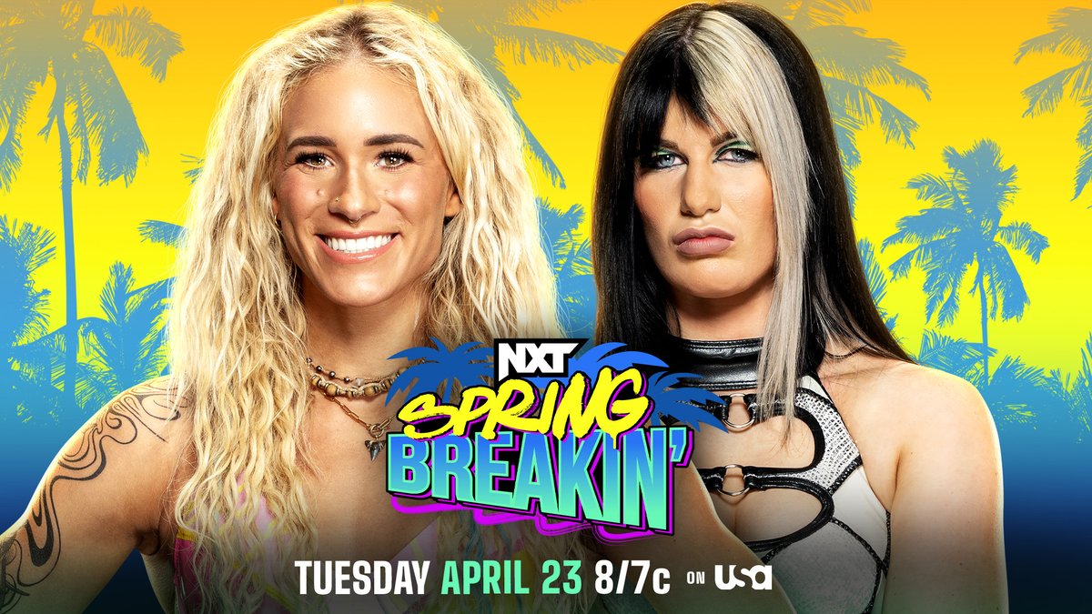 WWENXT's tweet image. NEXT WEEK at #NXTSpringBreakin 

👊 Triple Threat Match for the #NXTWomensTitle
✍️ @NatbyNature &amp;amp; @lolavicewwe make their #NXTUnderground Match official
🏖️ @SolRucaWWE vs. @BDavenportWWE - Beach Brawl
🤌 The D'Angelo Family vs. NQCC - 6-Man Tag Team Match

📺 8/7c on @USANetwork