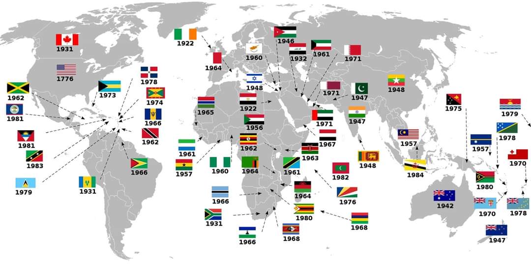 Este mapa muestra todos los países del mundo que se independizaron de Gran Bretaña.