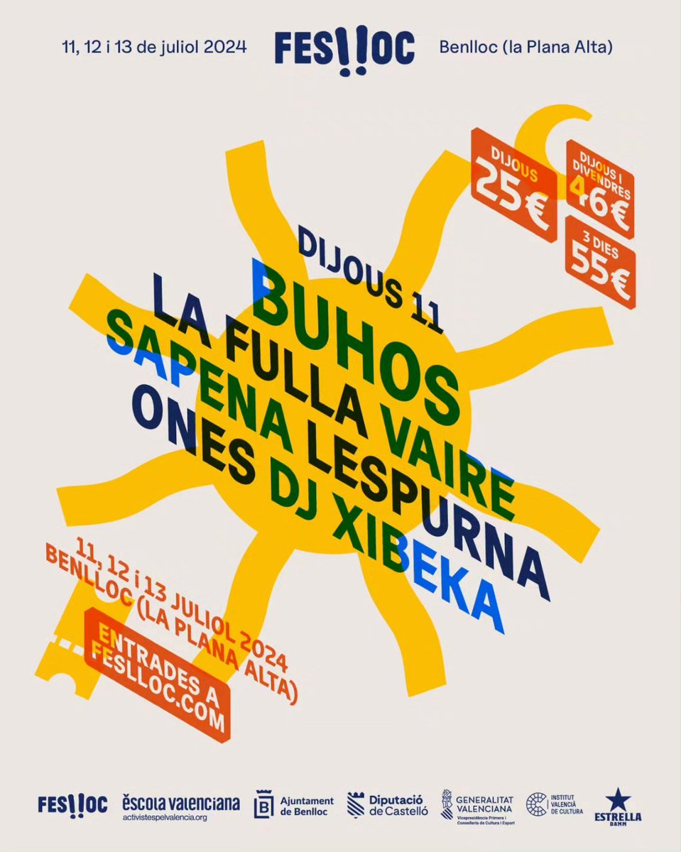 🔥FESLLOC🔥11 DE JULIOL🔥 Dijous de @Feslloc, una bona mostra de que la música en valencià i el guitarreo estan vivíssims. Quines ganes d'estar allí! No s'ho podeu perdre! 📅 Dijous 11 de juliol 🏠 Feslloc 2024 📍 Poliesportiu de Benlloc 🎟️ Entrades a feslloc.com/entrades