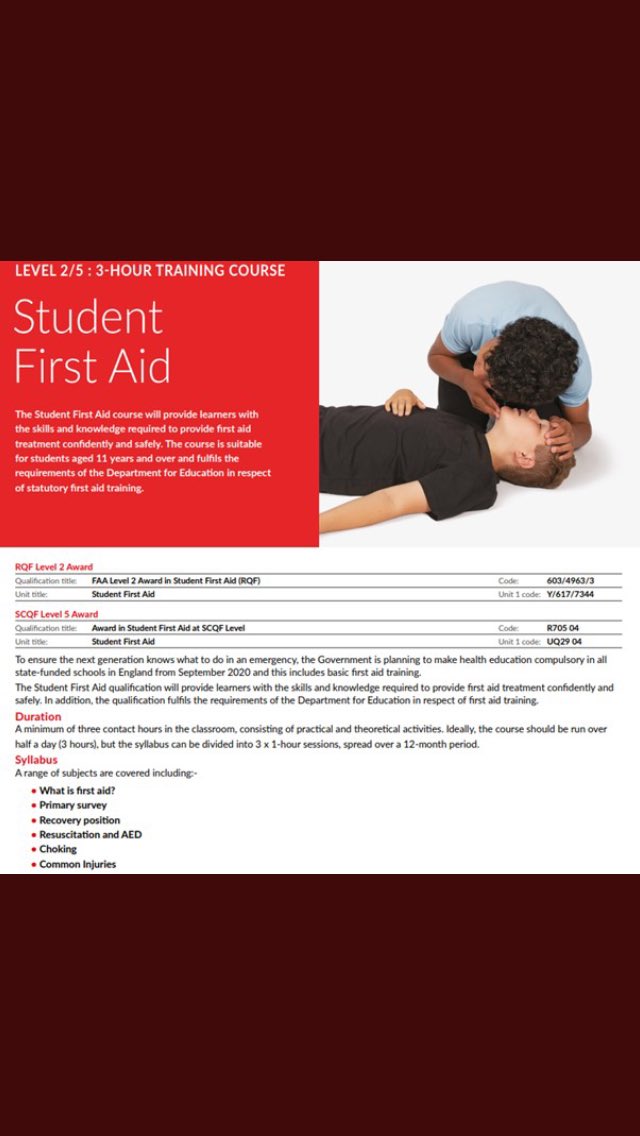 The OFQUAL Level 2 Student First Aid Qualification (Year 6, KS3 and KS4) is running again this summer. There are still a few places available from late June onwards. For information, email support@firstaidprovision.co.uk
