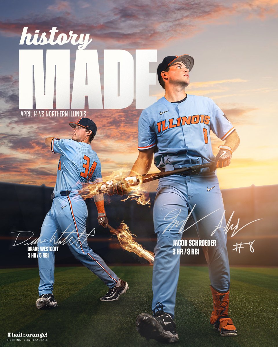 IlliniBaseball's tweet photo. On April 14 vs. Northern Illinois, @j_schroeder12 and @drake_westcott became the first set of teammates in program history to each homer three times in the same game!

#Illini | #HTTO https://t.co/ynvQMhXrYk