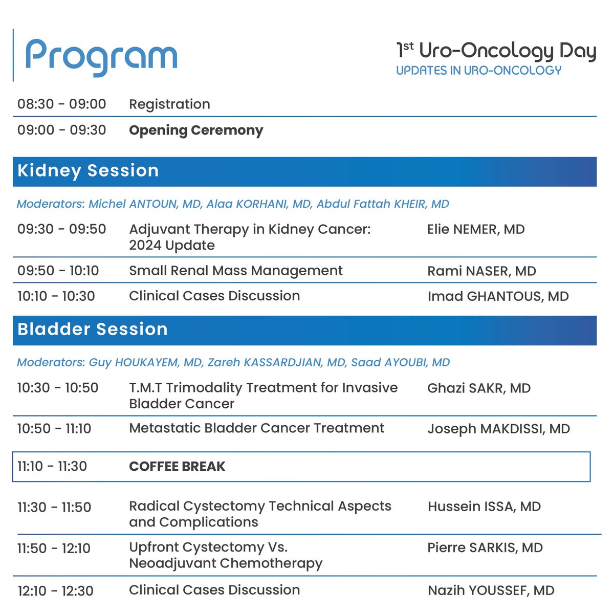 SciencePRO2012's tweet image. 1st Uro-Oncology Day
entitled:”Updates in Uro-Oncology”

🗓️ 20 April 2024
📍 Conference Room, Centre Hospitalier du Nord (CHN) - Zgharta

Looking forward to welcoming you all‼️

#urooncology #medicalconference #patientcare