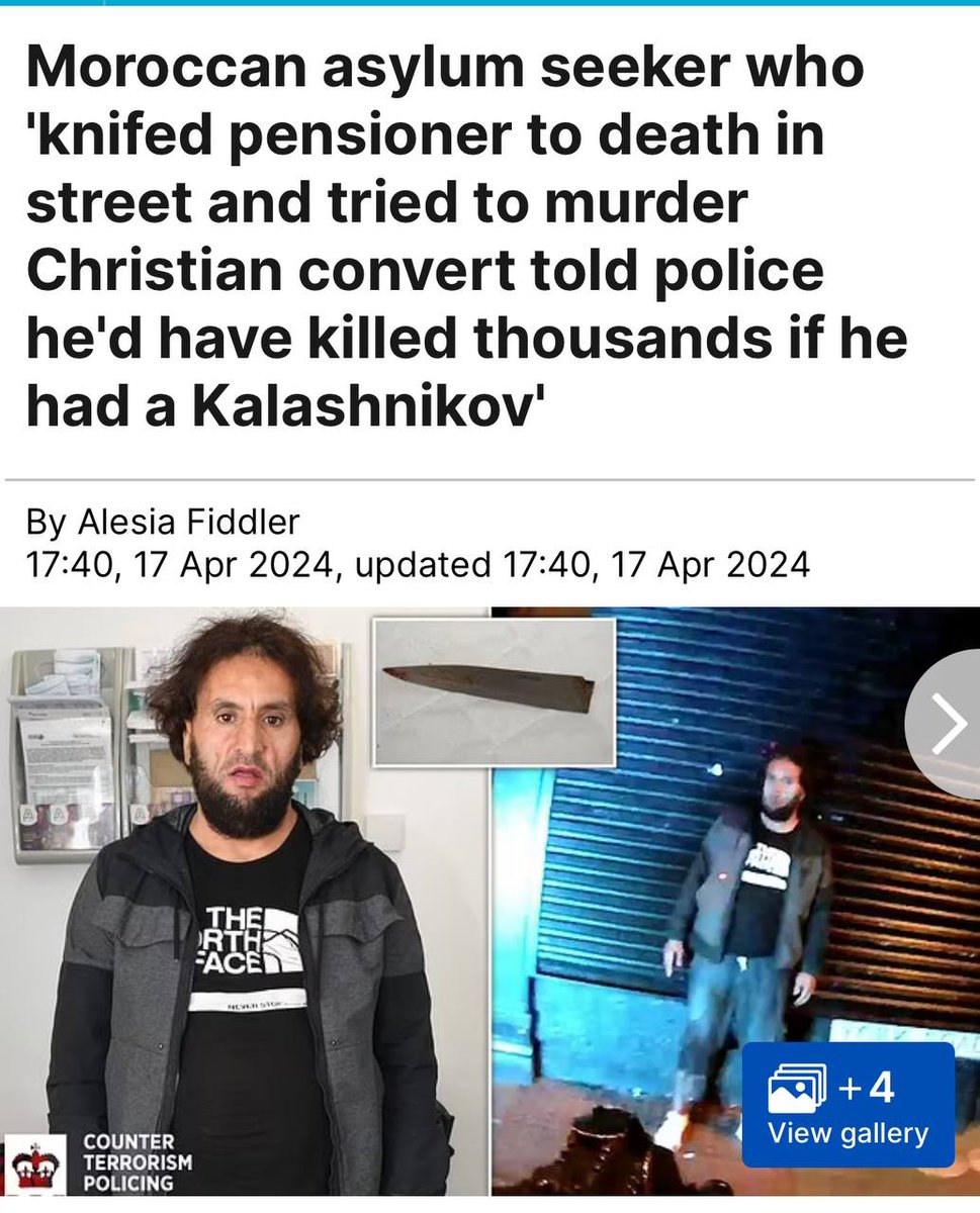 Moroccan asylum seeker who 'knifed pensioner to death in street and tried to murder Christian convert told police he'd have killed thousands if he had a Kalashnikov'

The Tories continue to allow savages like this to stream in on a daily basis, be it by dinghy, Channel Tunnel,…