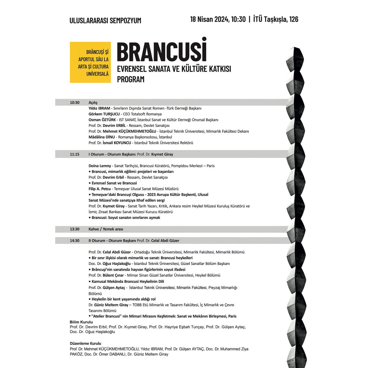 Dünya Sanat Günü, Brancusi Sempozyumu ile İTÜ'de kutlanıyor! 🐝 Brancusi’nin dünyaya miras bıraktığı öncü eserleri hakkında sunum yapmak üzere, Paris Centre Pompidou Brancusi Küratörü Doina Lemny ve Romanya Timişoara Ulusal Sanat Müzesi Müdürü Filip Petcu'nun yanı sıra