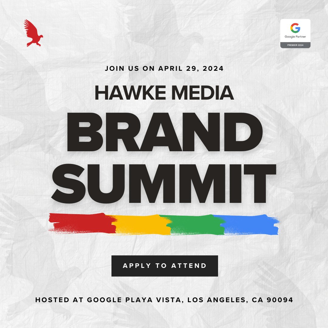 🔹We're just under 2 weeks away from the 2024 Hawke Media Brand Summit at <a href="/Google/">Google</a>'s Playa Vista campus🔹Join us for a session-packed afternoon that promises to redefine the trajectory of your brand! Link below to apply: go.hawkemedia.com/2024-hawke-med…