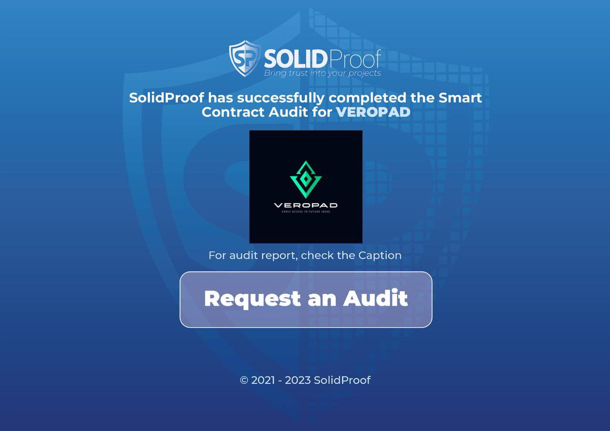 We are happy to announce that we have completed the smart contract audit for <a href="/Veropadeth/">VEROPAD</a>

The Team also succeeded our KYC process.

Need an audit?
solidproof.io/contact

Check out the full audit report here:
app.solidproof.io/projects/verop…

#SmartContracts #Blockchain