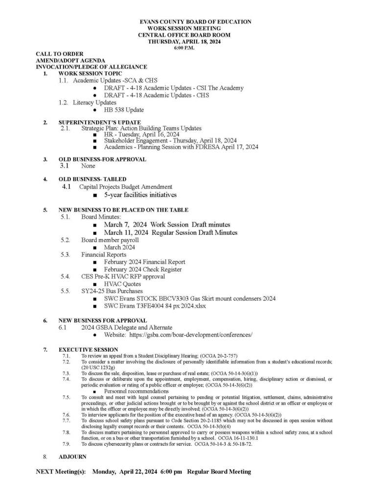 ECCSS Board Work Session
Thursday, April 18, 2024  6:00pm
District Office Board Room