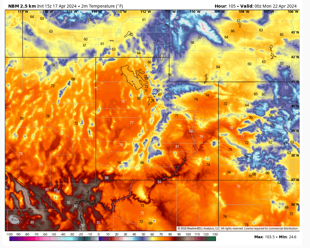 St. George looking at a pretty good chance to see the first 90° day of the season Sunday or Monday. #utwx Average first 90 is April 29th. So about a week early.