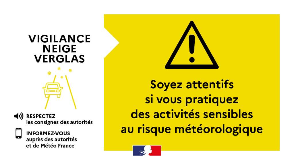 🟡❄️#VigilanceJaune NEIGE-VERGLAS

@meteofrance place le département au niveau de vigilance JAUNE pour le risque NEIGE-VERGLAS, à partir de 21h, ce soir. 

⚠️ Restez vigilants et adaptez votre conduite aux conditions météorologiques

ℹ️vigilance.meteofrance.fr/fr/puy-de-dome