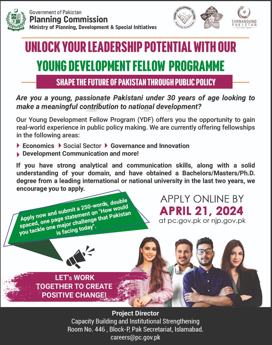 Do you have a brilliant mind and a passion for making Pakistan a better place? Our flagship Young Development Fellows Program (YDF) is looking for YOU! This program offers great opportunity for young Pakistanis under 30 bearing at least Bachelor’s degrees with excellent