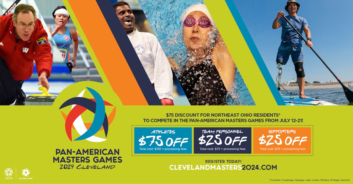 We’re excited to announce a special Pan-American Masters Games registration discount to Northeast Ohio residents! Those who reside in the Greater Cleveland area (Cuyahoga, Geauga, Lake, Lorain, Medina, Portage and Summit counties) can take advantage of this special pricing: