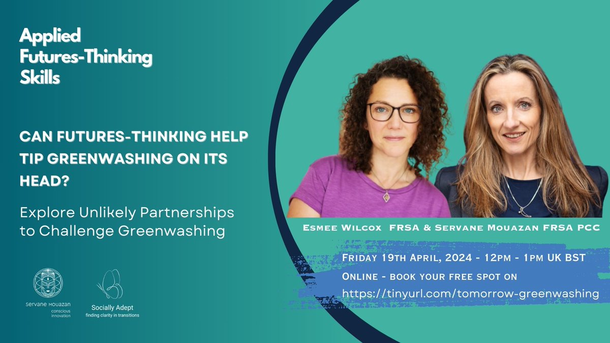 THIS FRIDAY! 'Unlikely and Radical Partnerships' is an approach that helps us create insightful and 'out of the ordinary' images of the future. 'WHAT WILL IT TAKE TO TIP #GREENWASHING ON ITS HEAD?' Book your free spot for Fri 12pm UK BST tinyurl.com/tomorrow-green… #TimeToThink