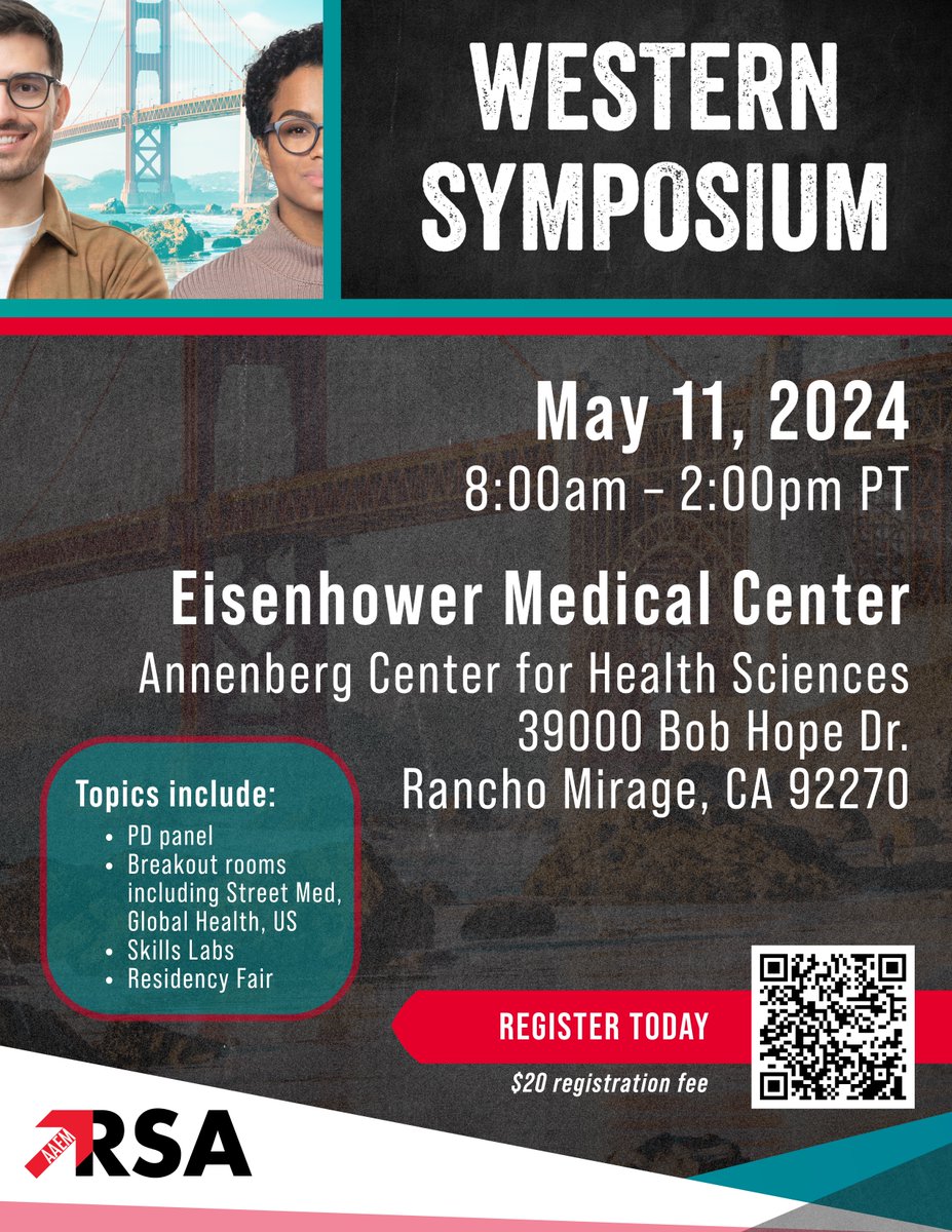 Come to the <a href="/AAEMRSA/">AAEM/RSA</a> Western Medical Student Symposium!!! If you want to train #EmergencyMedicine in the West, especially California this is the place to be. Come meet programs, attend some incredible sessions and meet other students. We have tracks for M1-M3.