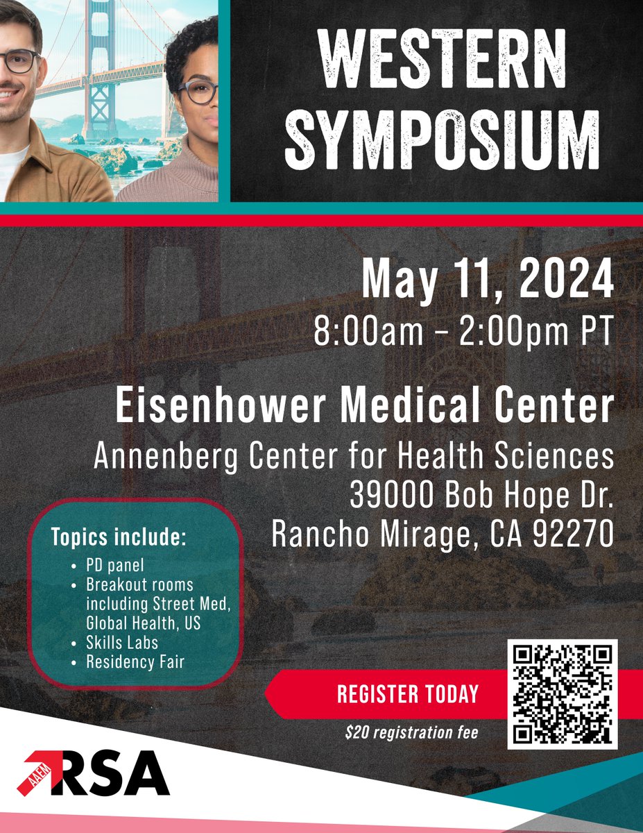 Come to the @AAEMRSA Western Medical Student Symposium!!! If you want to train #EmergencyMedicine in the West, especially California this is the place to be. Come meet programs, attend some incredible sessions and meet other students. We have tracks for M1-M3.