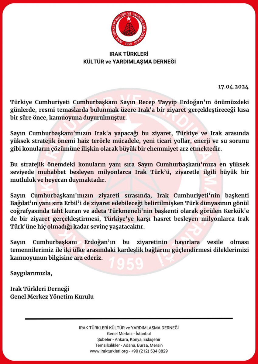 🇹🇷 Sayın Cumhurbaşkanının Irak ziyaretinde Erbil’in yanı sıra Türk şehri Kerkük’ü de ziyaret etmesini tüm Irak Türkleri arzu ediyorlar. @tcbestepe @RTErdogan @TC_Disisleri