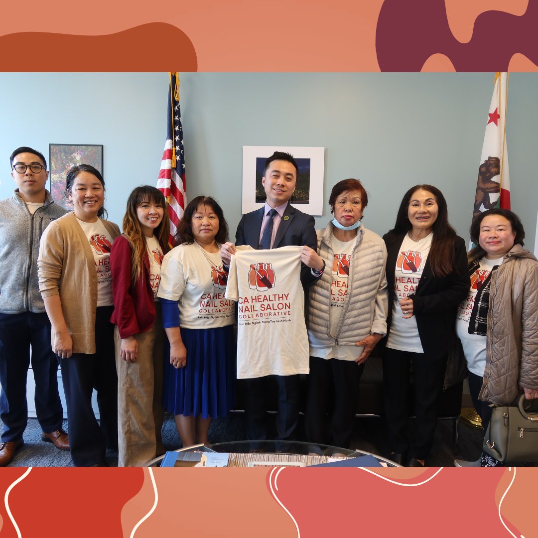4/9: #CHNSC met with #AB2444 bill author Asm. @Alex_Lee and his office to gift them our shirts and thank them for their major leadership and support. The #JusticeInBeauty bill fights for beauty workers' rights, especially in receiving language-appropriate info on basic labor law.