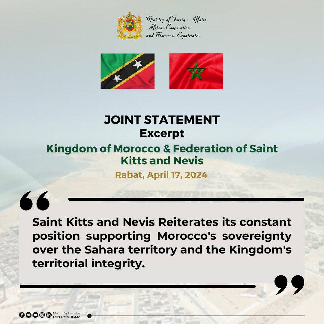 🇲🇦-🇰🇳| Extract from the joint communiqué adopted by the Kingdom of Morocco and the Federation of Saint Kitts and Nevis, following the bilateral meeting between MFA Nasser Bourita and his counterpart from Saint Kitts and Nevis, Mr. Denzil Douglas.