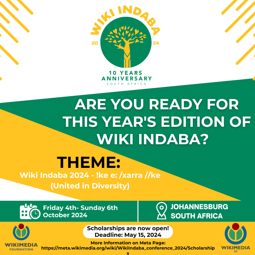 Calling all African Wikimedians! Secure funding to attend Wiki Indaba 2024 in Johannesburg. ⏰ Limited time! Apply for a travel scholarship by May 15th✈️ #WikiIndaba2024 meta.wikimedia.org/wiki/WikiIndab…
