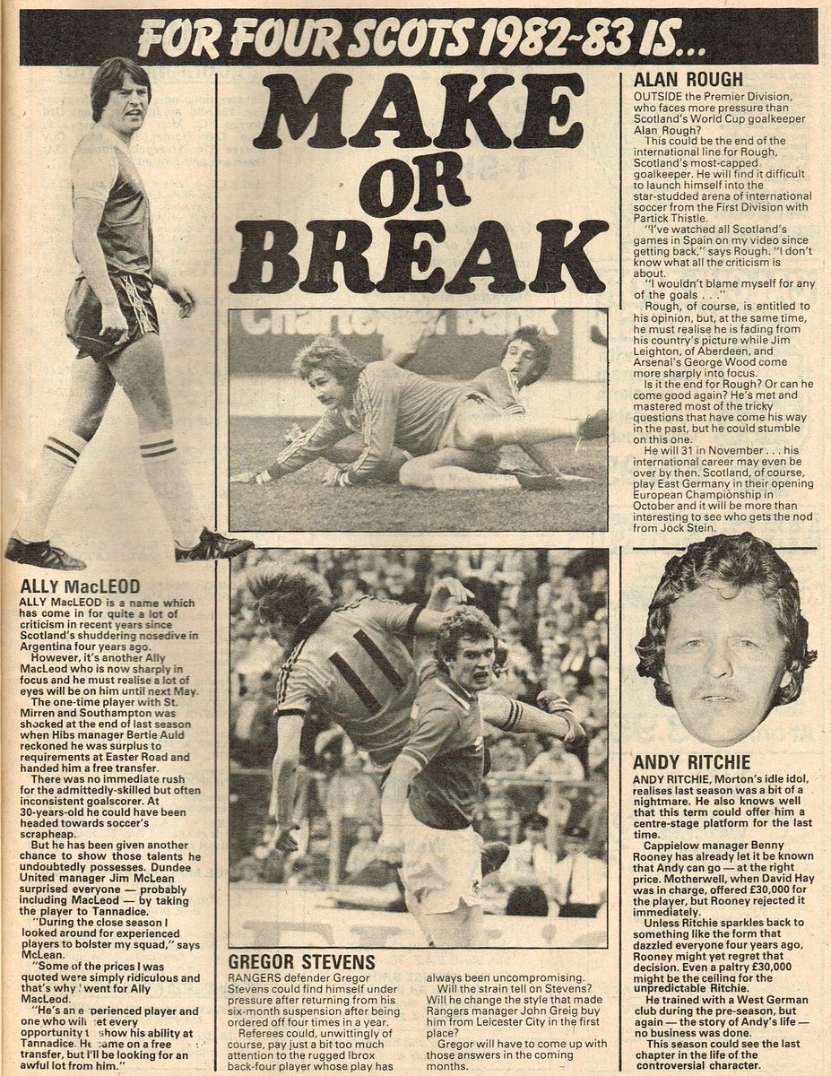 For four Scots 1982-83 is... Make or Break #AllyMcLeod #DundeeUtd - #AlanRough #PartickThistle - #GregorStevens #Rangers - #AndyRitchie #Morton #Shoot! 1982-09-18