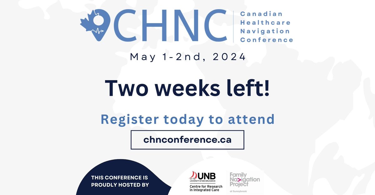 Two weeks left till #CHNC 2024! We have exciting discussions lined up about Innovations in Healthcare Navigation. Don't miss out! Register today to attend –  chnconference.ca/conferences/ch…

#healthresearch
#healthcareinnovations
#navigation
#conference
#canada
#event
