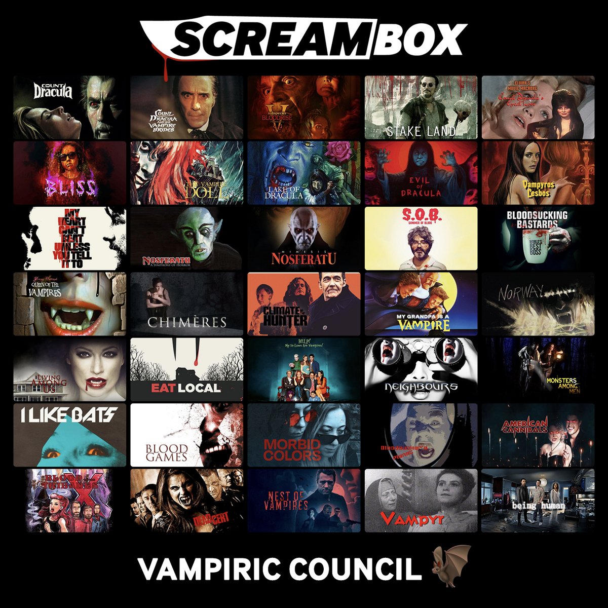 It's International Bat Appreciation Day and Abigail opens this weekend, so sink your fangs into SCREAMBOX's Vampiric Council shelf.