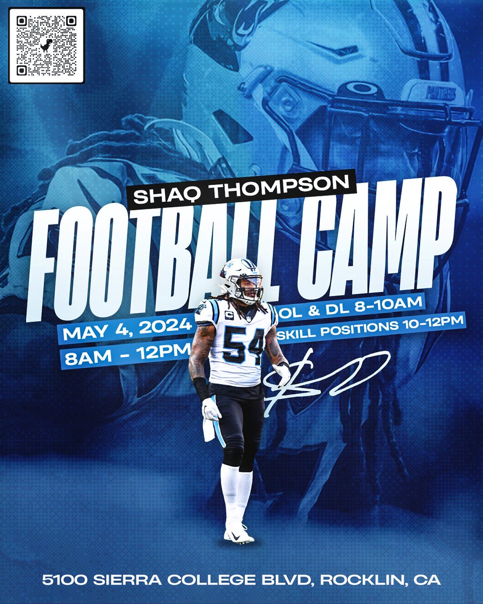 FREE NON-CONTACT INSTRUCTIONAL CAMP
May 4th @ Sierra College Rocklin, CA
Tackle &amp; Flag Athletes | Grades 5-12

+ Coaches with NFL playing experience
+ Competitions
+ 1 On's
+ Awards
+ Lunch
+ T-shirts
#GivingBack #ThompsonLegacyFund #ShaqThompson #CarolinaPanthers