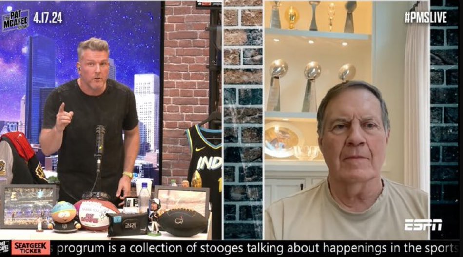 Such a flex for Belichick to have his 6 super bowl trophies in the background of his zoom interview on the Pat McAfee show