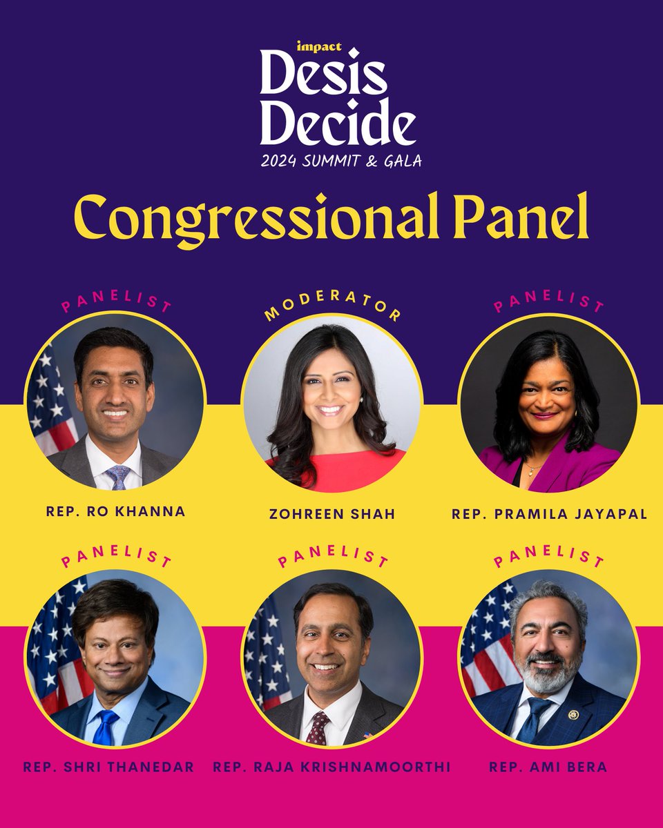 We're thrilled to kick off Day 2 of our @IA_Impact Summit with the Desis Decide: Congressional Panel featuring @RepJayapal, @RepRoKhanna, @RepBera, @CongressmanRaja, and @RepShriThanedar! Don't miss this powerful discussion moderated by @Zohreen — RSVP: iaimpact.org/summit!