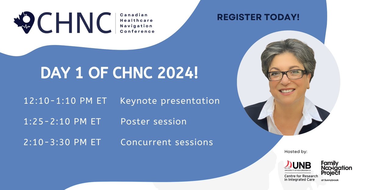 DAY 1 –

The agenda is out! Day 1 of #CHNC 2024 opens with Simone Dahrouge, followed by Poster sessions and Oral presentations about #navigation, #youth, #adults, and more. Register today to attend! chnconference.ca/conferences/ch…

#healthcareinnovations
#conference
#canada
#event