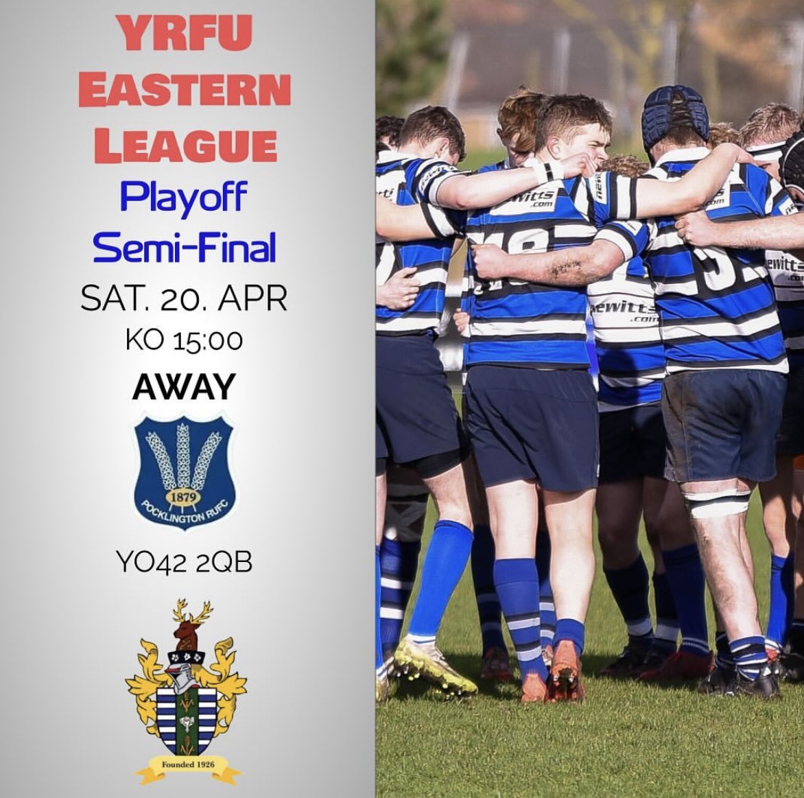 Business end of the season,
1st team start their defence of the @PapaJohnsUK cup by welcoming @BlackburnRugby to Kelleythorpe. 
2nds host @sandalrufc 2nds in the YRFU & NE premiership playoff. 
3rds head to @PocklingtonRUFC to face their 2nds in the YRFU Eastern League playoff.