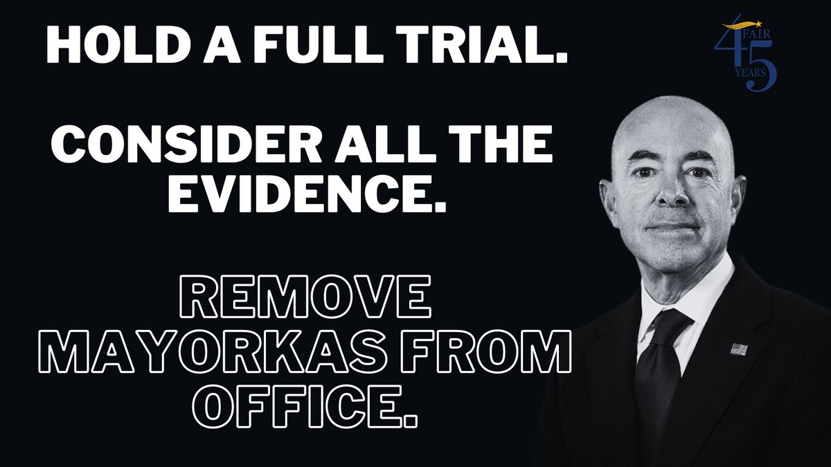 FAIRImmigration's tweet photo. The Senate has a constitutional duty to hold a full trial in the impeachment of Secretary Mayorkas.

Instead, Senate Majority Leader Chuck Schumer is poised to shirk that duty and hide the evidence warranting Mayorkas' removal from the American people. https://t.co/oQ2VMnlTC7