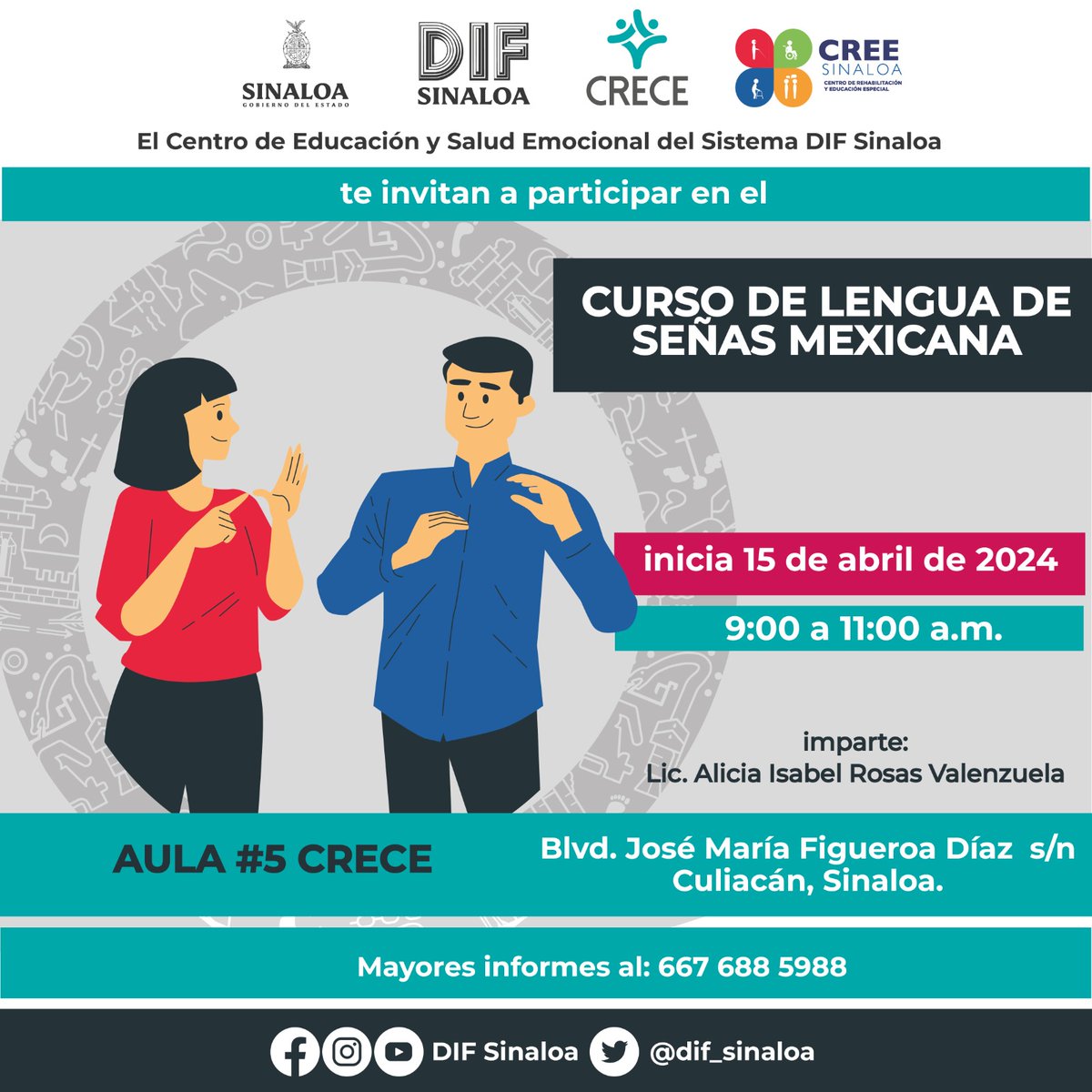 ¿Quieres aprender lengua de señas mexicana? aun puedes inscribirte en el curso - taller que se imparte en el Centro de Educación Incluyente y Salud Emocional. Informes al ☎ 667 688 5988