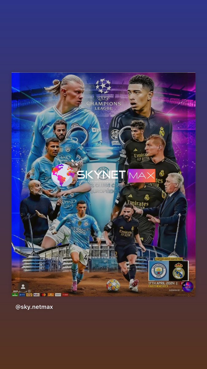 CHAMPIONS LEAGUE 🏆
MIERCOLES 17

MANCHESTER CITY🏴󠁧󠁢󠁥󠁮󠁧󠁿 VS 
REAL MADRID 🇪🇸
13H00 MEX/CR
15H00 MIA/NY/PAR