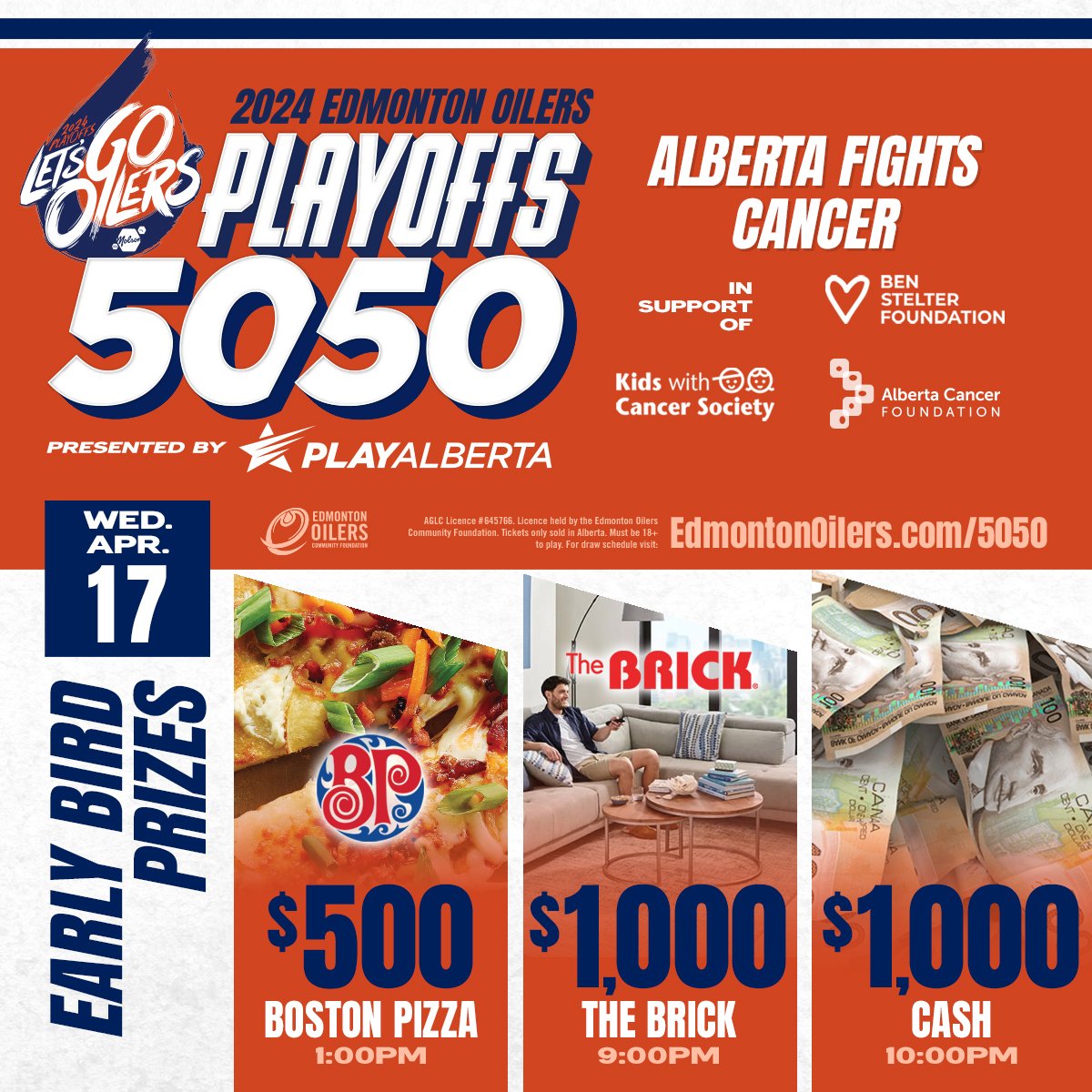 The Alberta Fights Cancer #Oilers Playoffs 50/50 continues today in support of @BenStelterFund @kwcsyeg & @albertacancer! You could win $500 for @BostonPizza, $1,000 for @TheBrick & $1,000 cash – plus the jackpot is already at nearly $400,000! 🎟 EdmontonOilers.com/5050tw