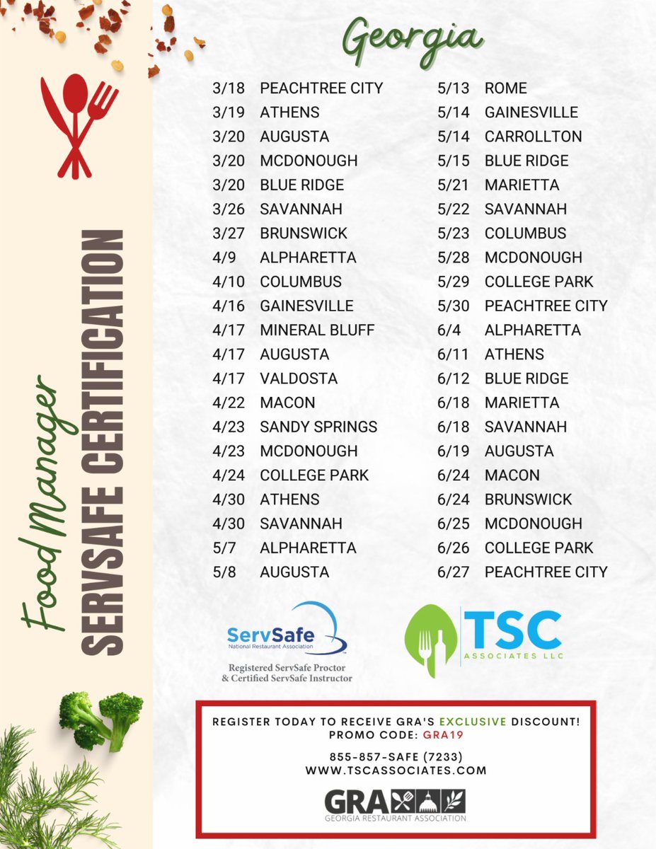 Find a ServSafe class in your area through <a href="/TSCASSOCIATES/">TSC Associates LLC</a>. GRA members receive a discount on their training! bit.ly/49l4xVw