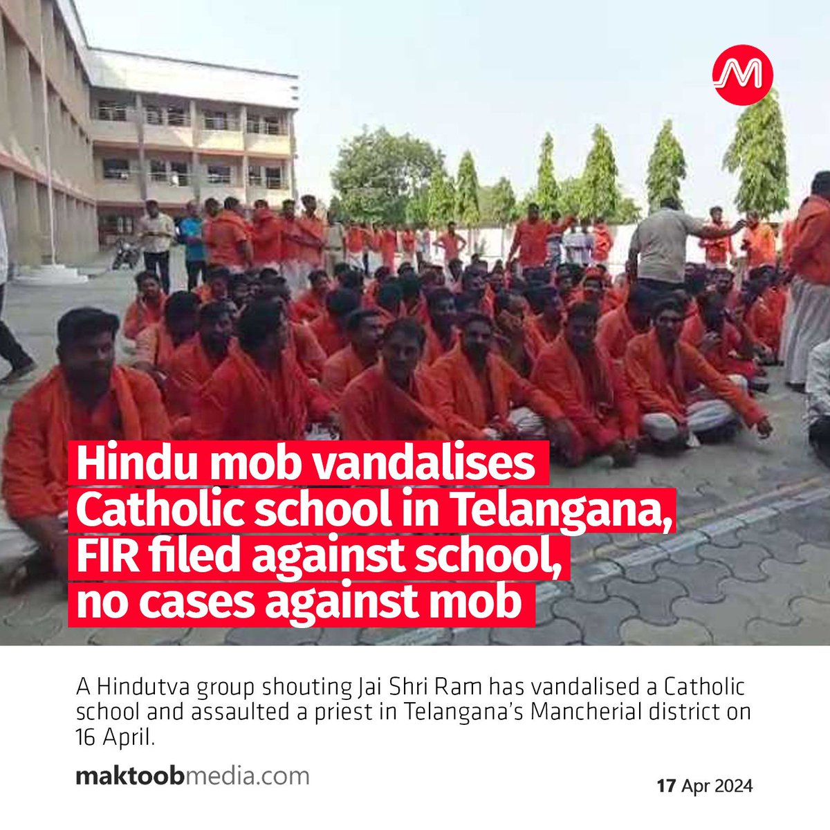 A Hindutva group shouting Jai Shri Ram has vandalised a Catholic school and assaulted a priest in Telangana’s Mancherial district on 16 April. maktoobmedia.com/india/hindu-mo…