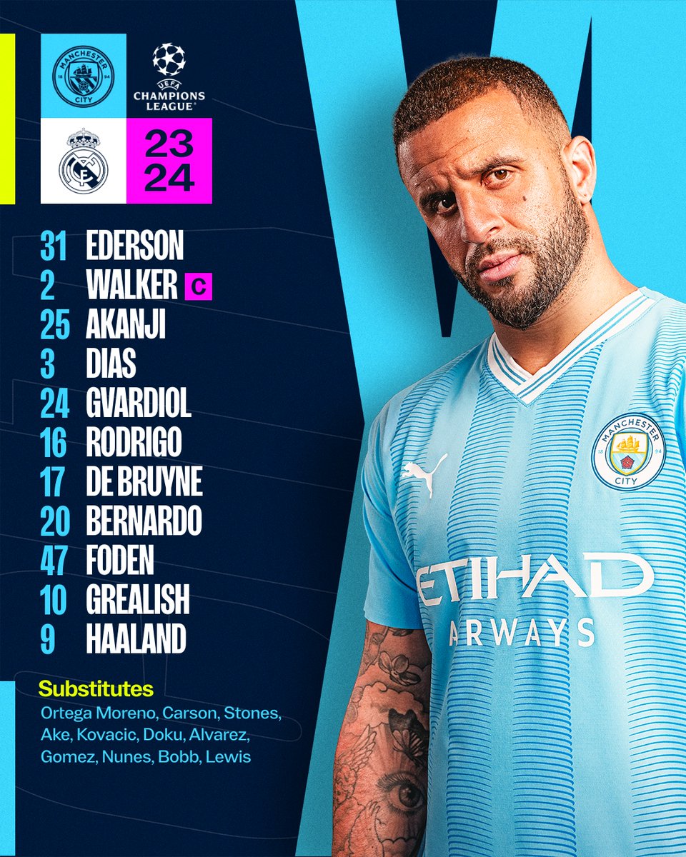 Your City side to face Real Madrid 🩵 XI | Ederson, Walker (C), Akanji, Dias, Gvardiol, Rodrigo, De Bruyne, Bernardo, Foden, Grealish, Haaland SUBS | Ortega Moreno, Carson, Stones, Ake, Kovacic, Doku, Alvarez, Gomez, Nunes, Bobb, Lewis #ManCity | #UCL