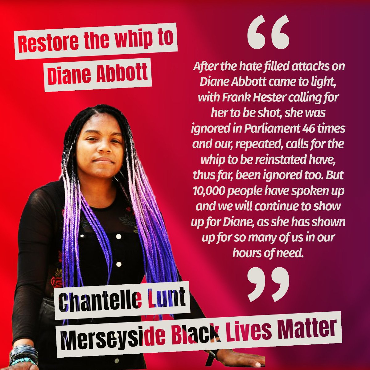 The outrageous treatment of @HackneyAbbott and the fact that over 10,000 people have now signed the petition calling on Starmer to #RestoreTheWhip being highlighted by @ChantelleLunt of @MerseysideBLM- you can add your support here: actionnetwork.org/petitions/rest…