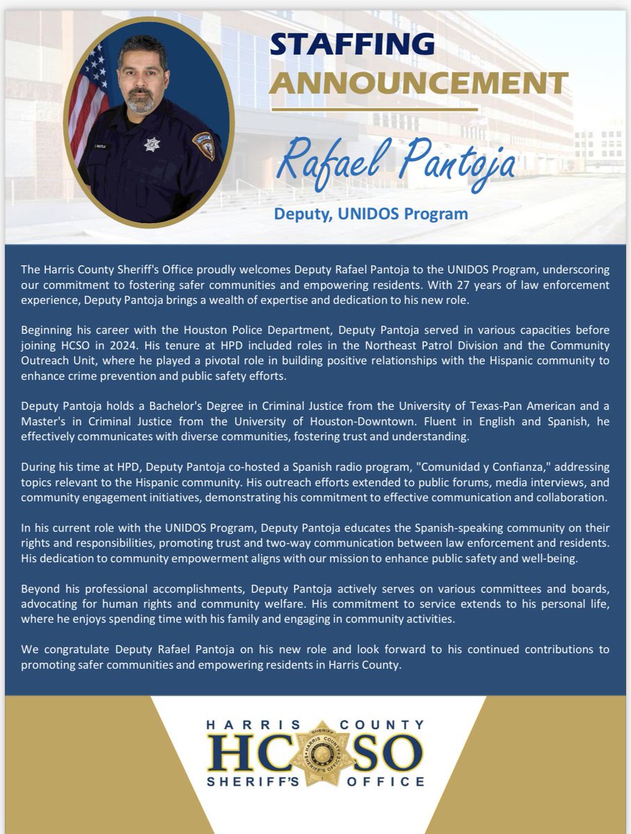 Help us welcome Deputy Pantoja to the @HCSOTexas!  His nearly 3 decades of experience will be a great addition to our #UNIDOS program.