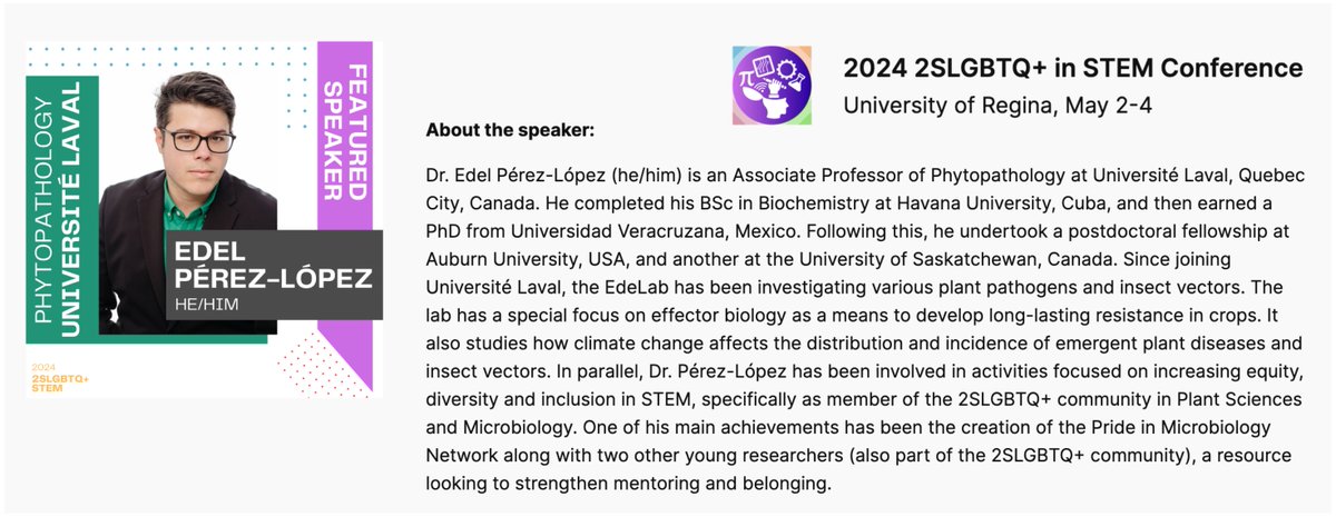 I'll be talking at 2024 2SLGBTQ+ in STEM Conference happening from May 2-4 at @UofRegina ! 

You can still register and join us: 2slgbtqplusstem.wordpress.com