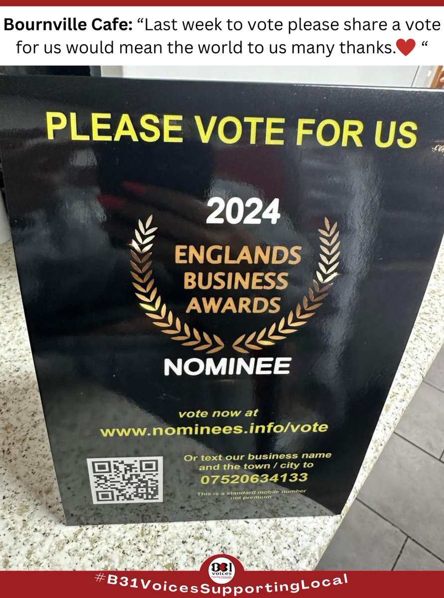 You can vote for the bostin Bournville Cafe below 😁 

Vote here: nominees.info/vote

#B31VoicesSupportingLocal
#Bournville 
#EnglandsBusinessAwards 
#Birmingham 
#BirminghamUK 
#B31Voices #BVoices