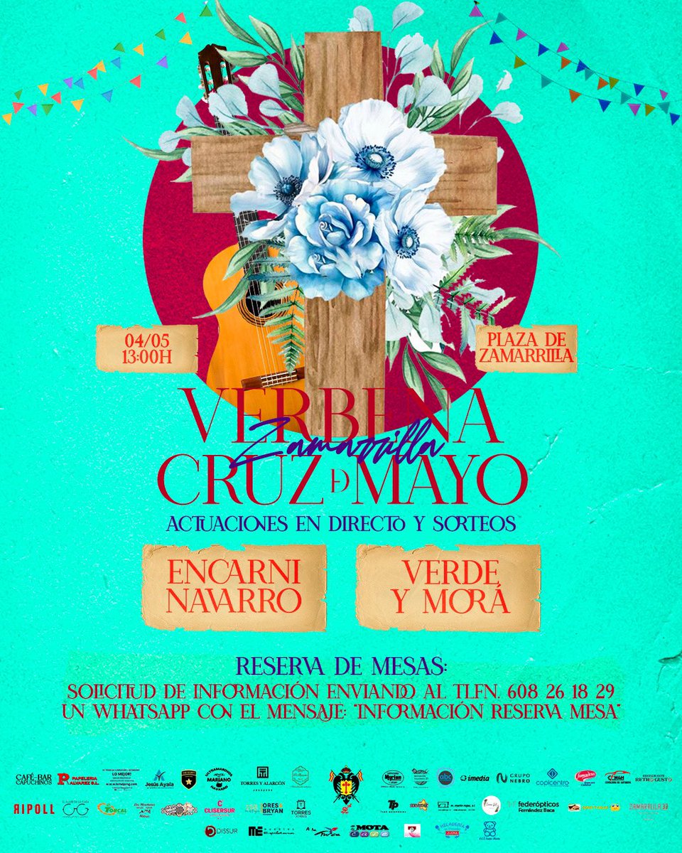Zamarrilla's tweet photo. 🪭 VERBENA CRUZ DE MAYO

El próximo 4 de mayo, disfrutaremos de una gran verbena en nuestra plaza, con las actuaciones en directo de @encarninavarro_ y Verde y Morá, además de muchos sorteos a lo largo del día.

¡Ven y disfruta de un buen ambiente!

#Zamarrilla #CofradíasMLG https://t.co/oiwvXmXRDZ
