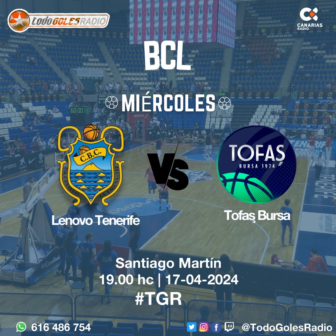 🏀¡¡Arranca @TodoGolesRadio con el partido de cuartos de final de la #BasketballCL!! ⚔️@CB1939Canarias vs @TofasSporKulubu 🕖19.00hc 🏟️Pabellón Santiago Martín 🎙️Con la narración de @josefelipem 📡 rtvc.es/en-directo/