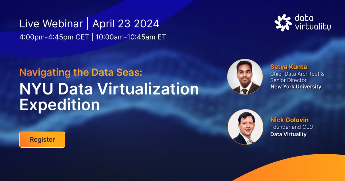 Join Satya Kunta, Sr. Director & Chief Data Architect at @nyuniversity, and Nick Golovin from @DataVirtuality for an upcoming webinar on April 23, where Satya will speak about NYU's #datavirtualization journey, challenges, and solutions.

Sign up now! bit.ly/3Vz2itA