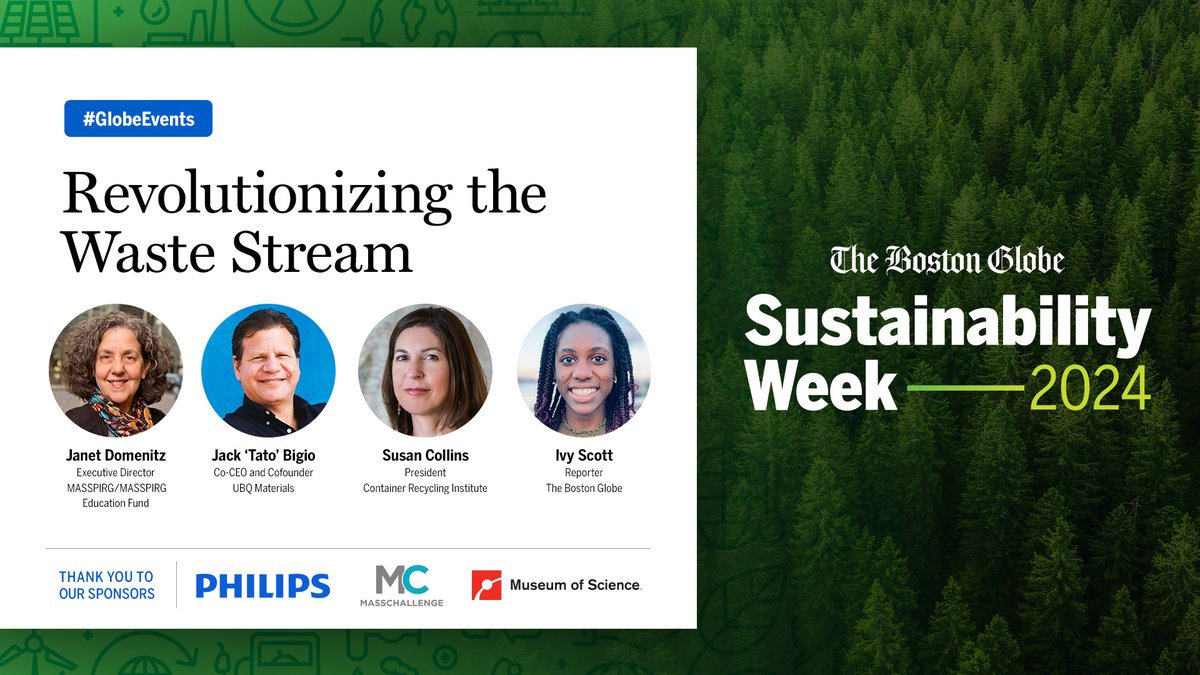 @CRI_Recycle Pres @susanvcollins is looking forward to being a panelist at @bostonglobe’s Sustainability Week for a discussion on 'Revolutionizing the Waste Stream.' It's a free virtual event on April 23 at 2PM ET moderated by @itsivyscott. Register: globe.com/sustainability…